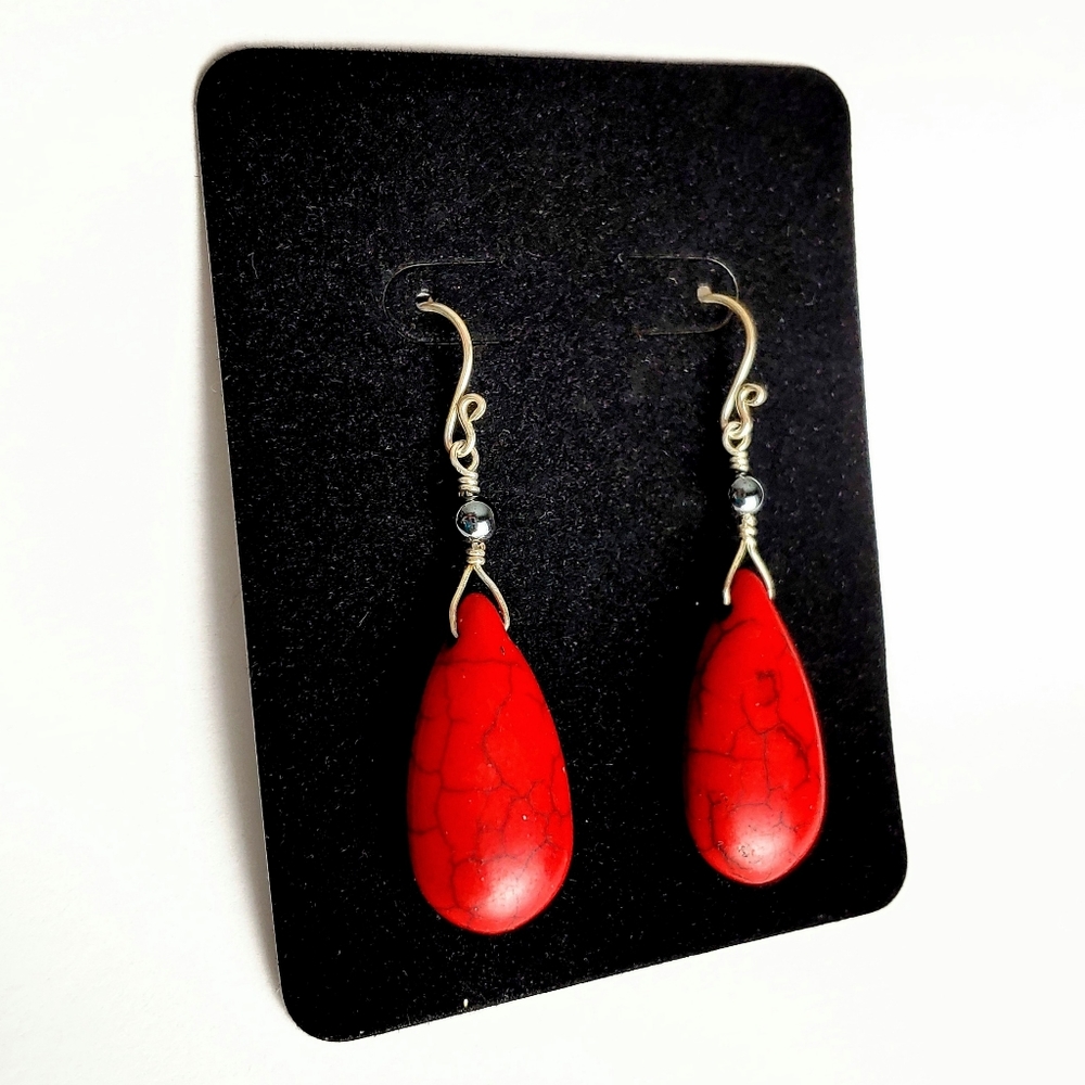 🆕️ .999 Silver & Turquoise Dangle Earrings Teardrop Red